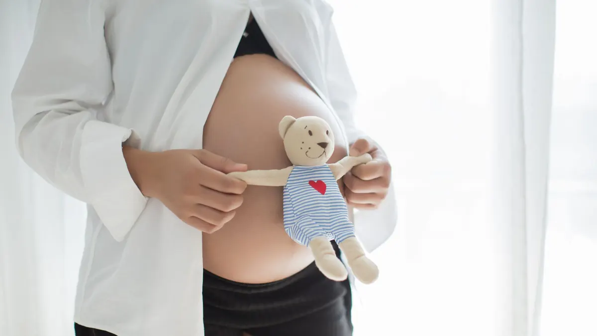 gravida com ursinho de pelucia