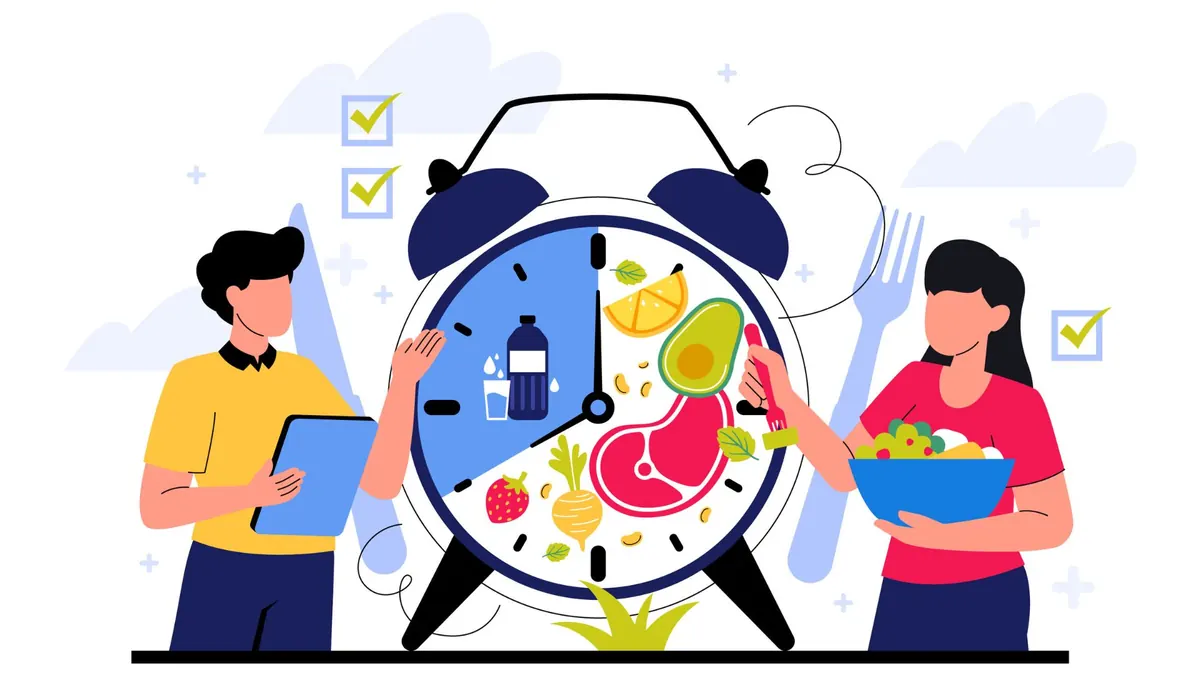 ilustração -alimentação - relogio -jejum - intermitente