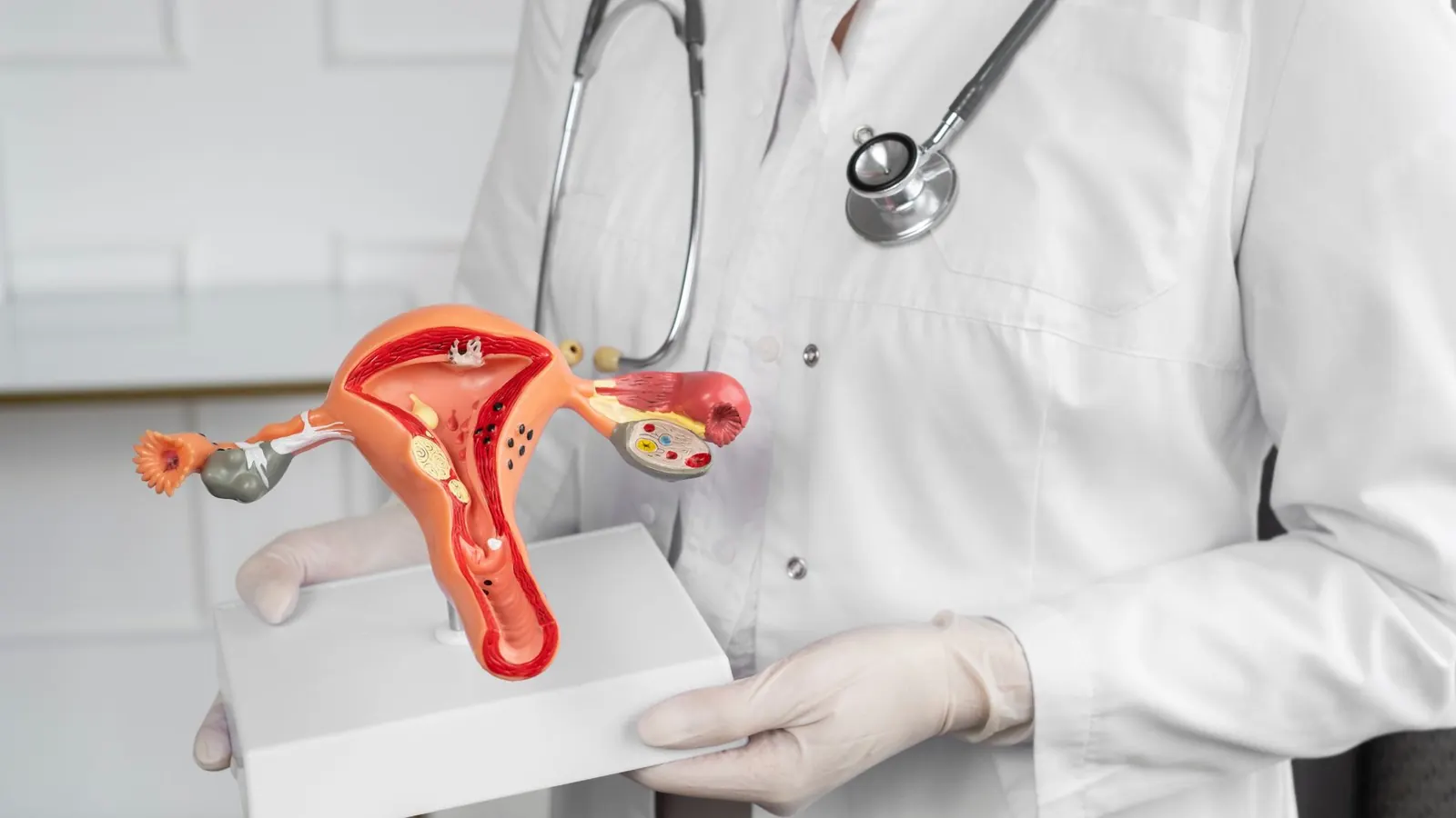 médico segurando modelo ovário com vista interna